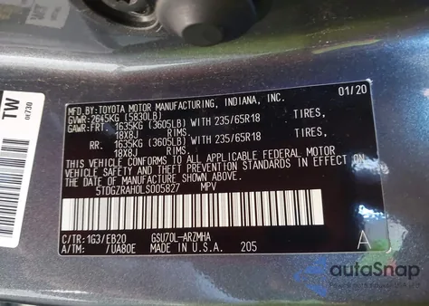 2020 Toyota Highlander Xle из США, поврежденный, VIN 5TDGZRAH0LS005827